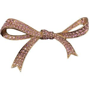 Signed Kenneth Jay Lane KJL Brooch Pink Rhinestone Pave Rose Gold Ribbon Bow